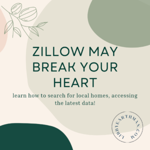Green blogs on beige background. Text says, "Zillow may break your heart. learn how to search for local homes, accessing the latest data!" 