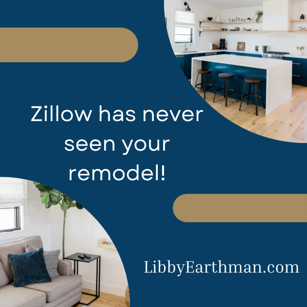 Photo of remodeled kitchen and living room. Test says: Zillow has never seen your remodel. 