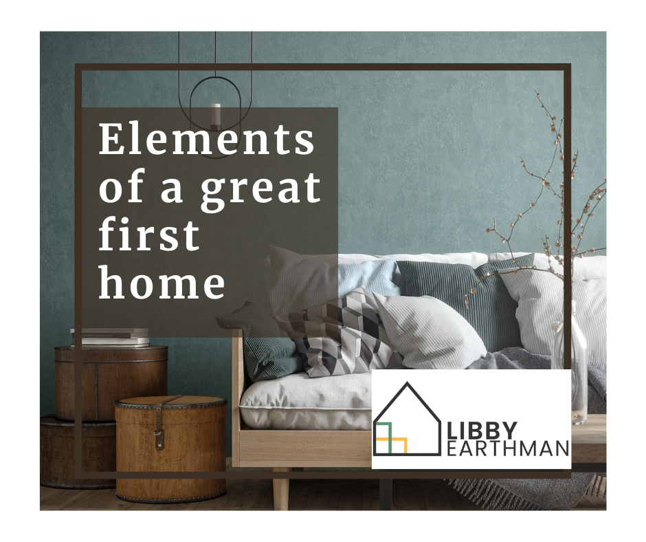 Couch in a living room with the words written "elements of a great first home" on top of it