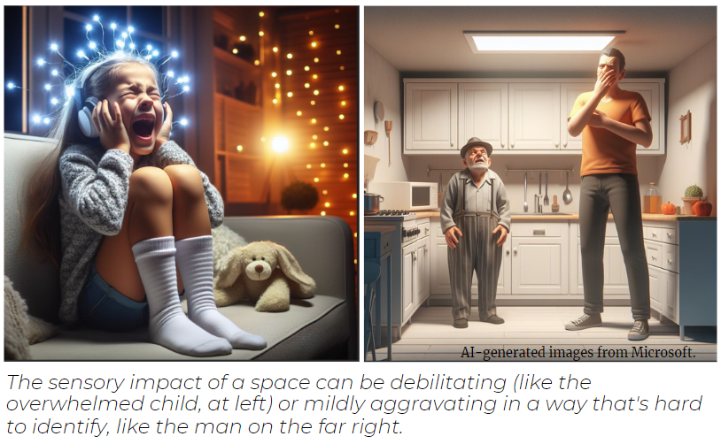 Two images side by side: on the left a girl with major sensory overwhelm cries and covers her ears while wearing headphones. The image on the right shows two men in a kitchen. The tall one on the right looks uncomfortable in such a small space. 
